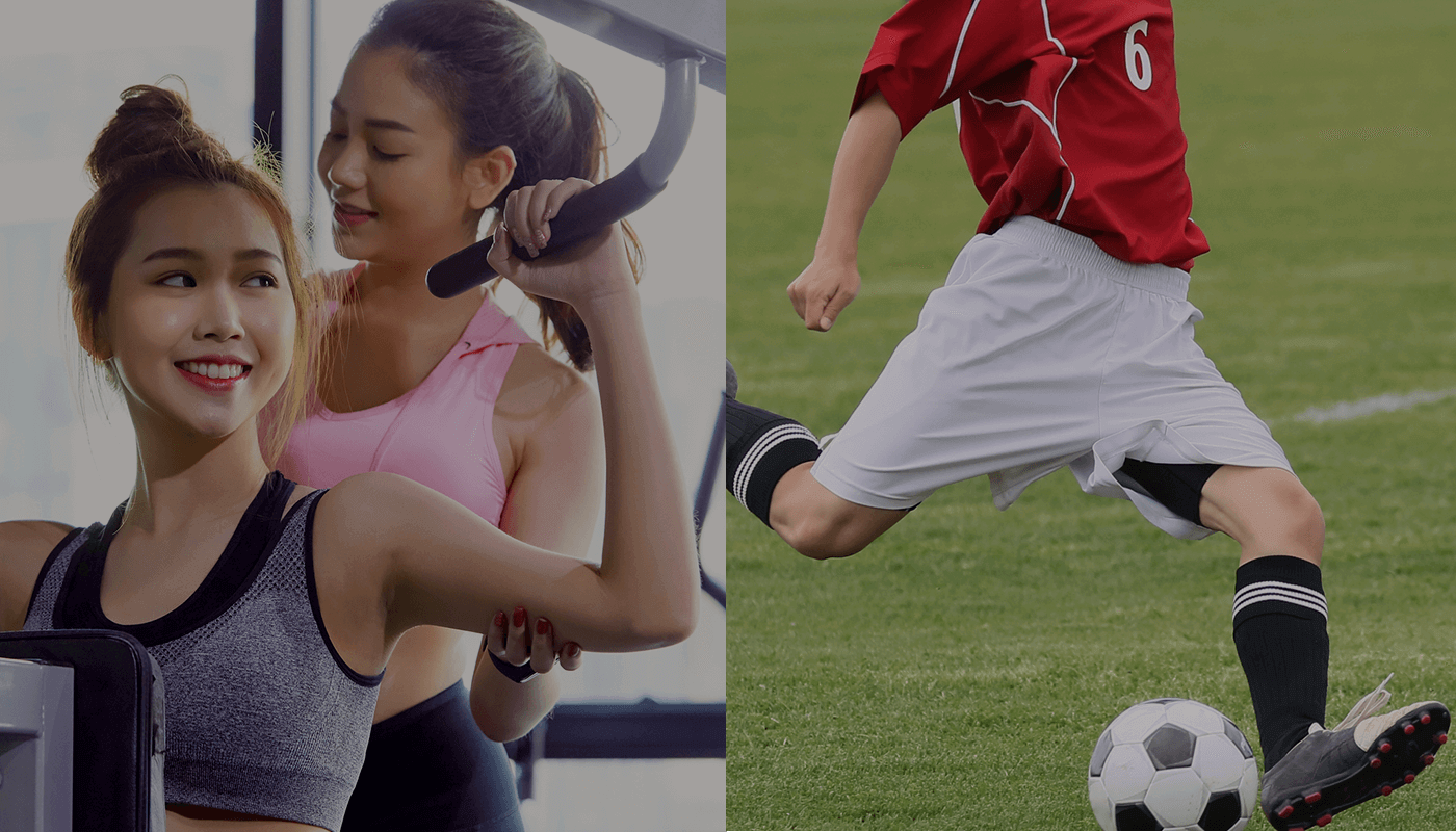 パーソナルトレーニングを受ける女性の様子と、サッカーする様子
